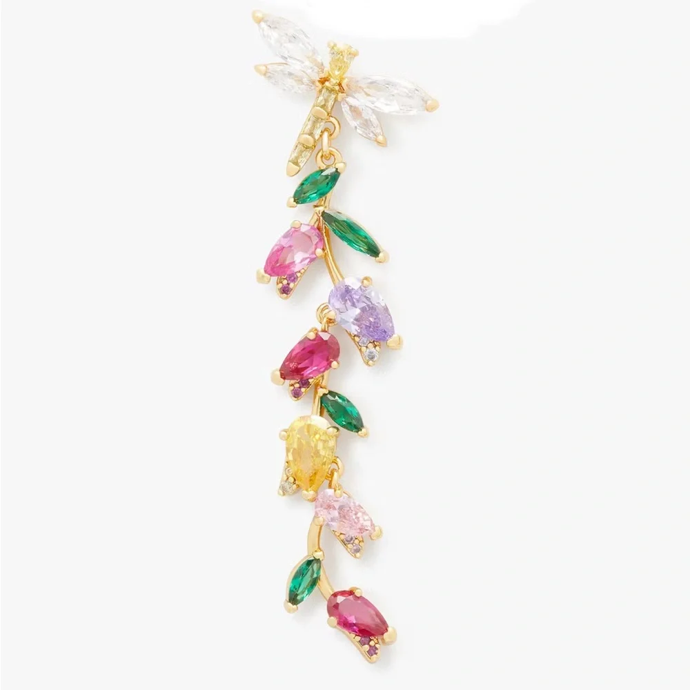 Kate Spade Greenhouse Floral Linear Earrings ~Rhinestone Dragonfly Flower Studs - Picture 3 of 7